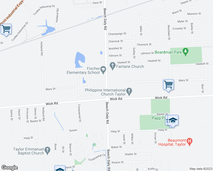 map of restaurants, bars, coffee shops, grocery stores, and more near 8882 South Beech Daly Road in Taylor