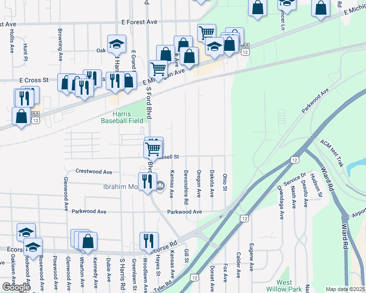 map of restaurants, bars, coffee shops, grocery stores, and more near 124 Devonshire Street in Ypsilanti