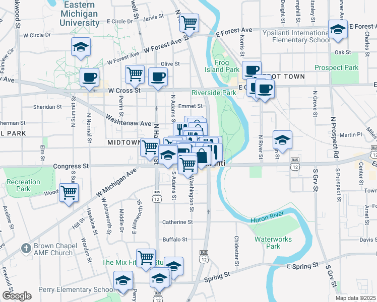 map of restaurants, bars, coffee shops, grocery stores, and more near 10 North Washington Street in Ypsilanti