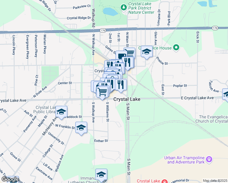 map of restaurants, bars, coffee shops, grocery stores, and more near 15 North Williams Street in Crystal Lake