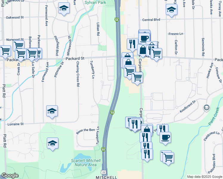 map of restaurants, bars, coffee shops, grocery stores, and more near 3084 Village Circle in Ann Arbor