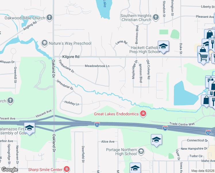 map of restaurants, bars, coffee shops, grocery stores, and more near 1423 Timberlane Drive in Portage