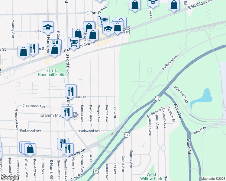 map of restaurants, bars, coffee shops, grocery stores, and more near 158 Ohio Street in Ypsilanti