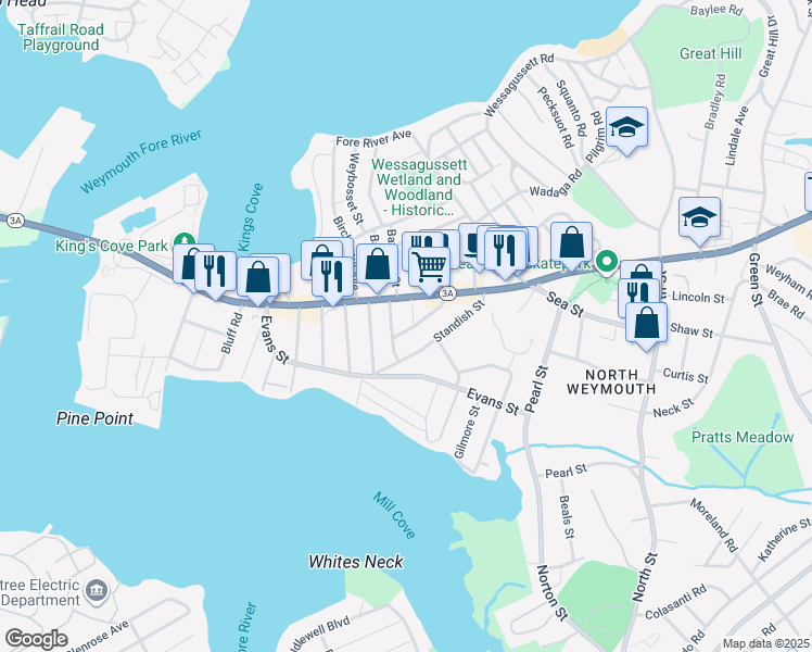 map of restaurants, bars, coffee shops, grocery stores, and more near 35 Princeton Avenue in Weymouth