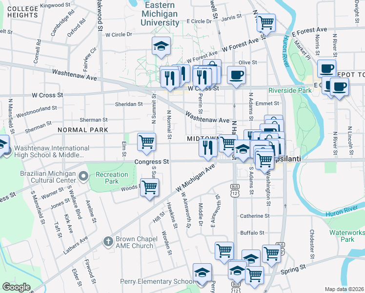 map of restaurants, bars, coffee shops, grocery stores, and more near 703 Pearl Street in Ypsilanti