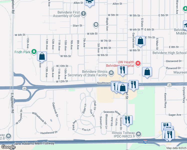 map of restaurants, bars, coffee shops, grocery stores, and more near 603 Southtowne Drive in Belvidere