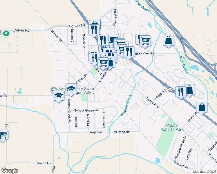map of restaurants, bars, coffee shops, grocery stores, and more near 233 Eva Way in Talent