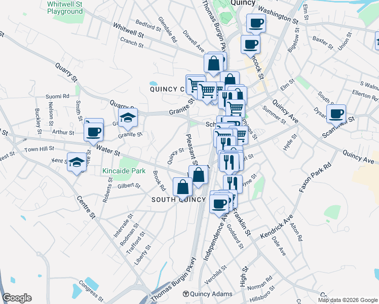 map of restaurants, bars, coffee shops, grocery stores, and more near 36 Jackson Street in Quincy