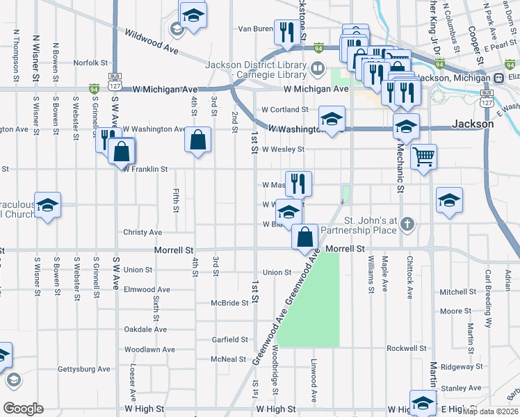 map of restaurants, bars, coffee shops, grocery stores, and more near 332 West Biddle Street in Jackson
