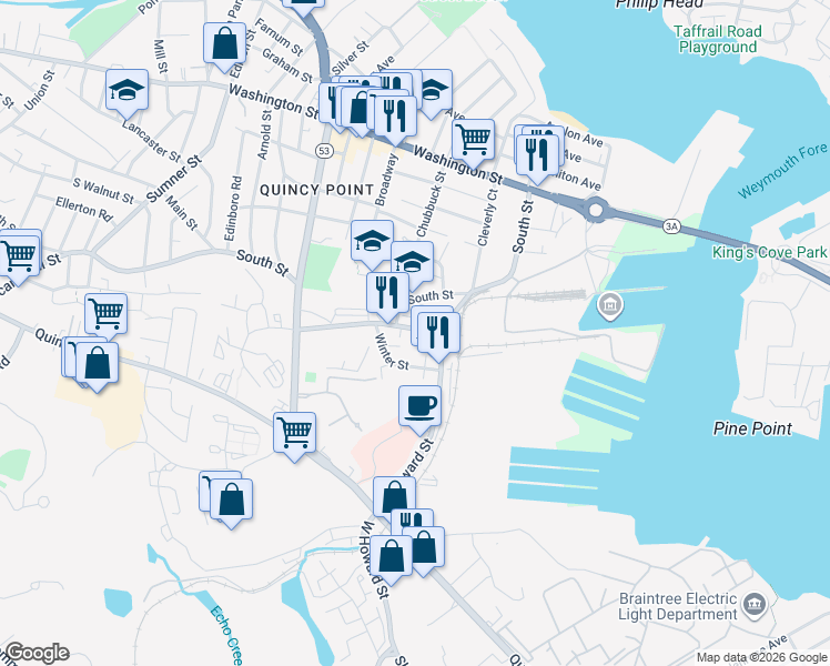 map of restaurants, bars, coffee shops, grocery stores, and more near 136-138 East Howard Street in Quincy