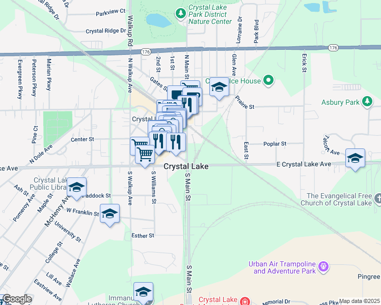 map of restaurants, bars, coffee shops, grocery stores, and more near 27 North Main Street in Crystal Lake