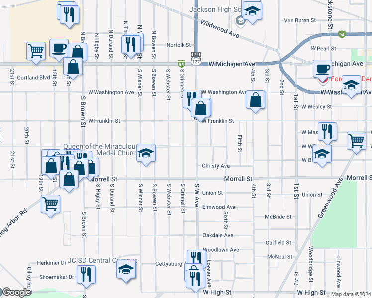 map of restaurants, bars, coffee shops, grocery stores, and more near 811 Carlton Boulevard in Jackson