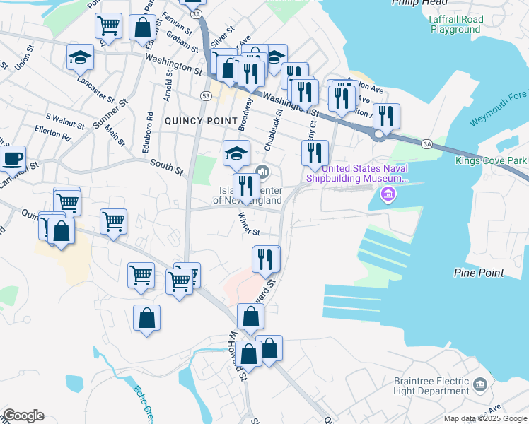 map of restaurants, bars, coffee shops, grocery stores, and more near 136-138 East Howard Street in Quincy