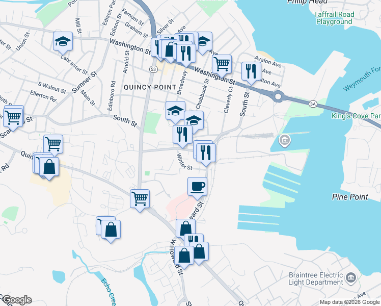 map of restaurants, bars, coffee shops, grocery stores, and more near 10 Winter Street in Quincy