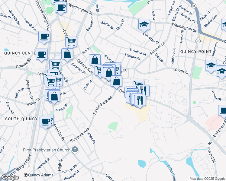 map of restaurants, bars, coffee shops, grocery stores, and more near 21 Faxon Park Road in Quincy