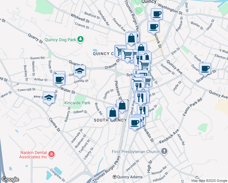 map of restaurants, bars, coffee shops, grocery stores, and more near 36 Jackson Street in Quincy