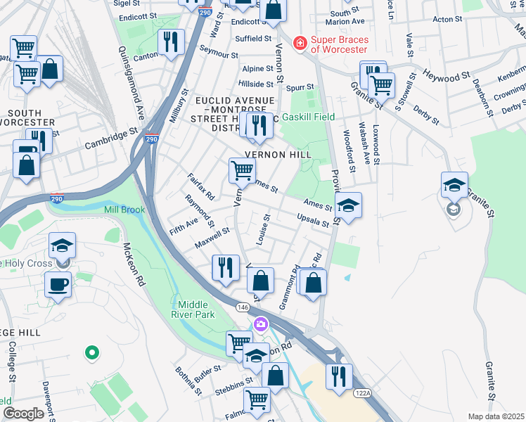 map of restaurants, bars, coffee shops, grocery stores, and more near 33 Louise Street in Worcester