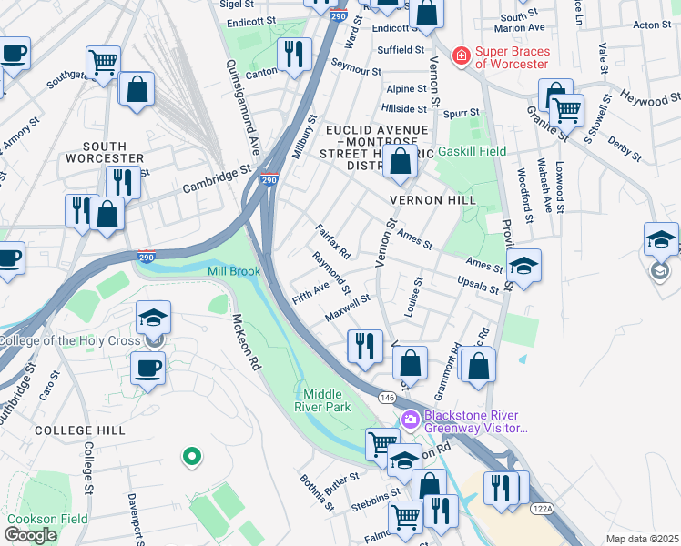 map of restaurants, bars, coffee shops, grocery stores, and more near 53 Raymond Street in Worcester