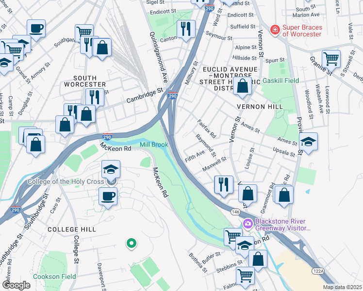 map of restaurants, bars, coffee shops, grocery stores, and more near 544 Millbury Street in Worcester