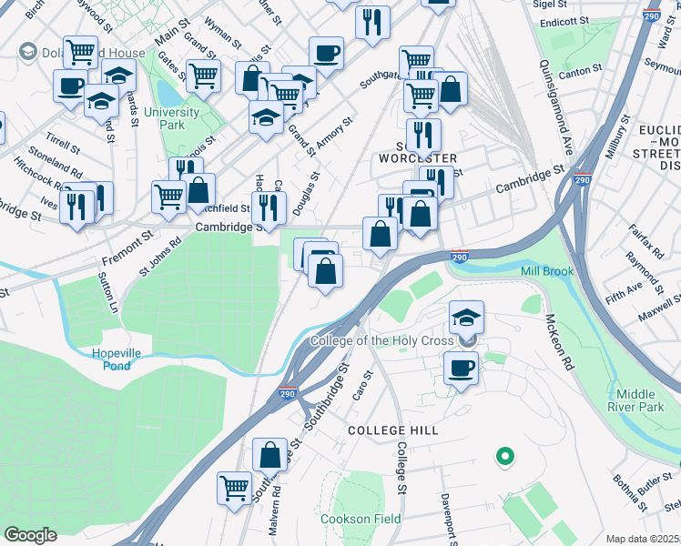 map of restaurants, bars, coffee shops, grocery stores, and more near 1 Brussels Street in Worcester