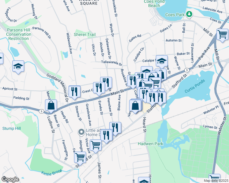 map of restaurants, bars, coffee shops, grocery stores, and more near 1 Blaine Avenue in Worcester