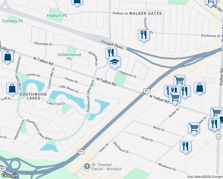 map of restaurants, bars, coffee shops, grocery stores, and more near in Windsor