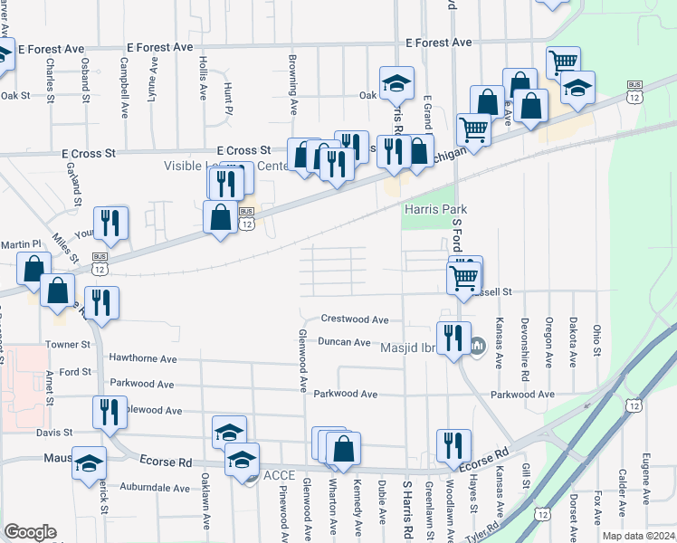 map of restaurants, bars, coffee shops, grocery stores, and more near 1267 Russell Street in Ypsilanti