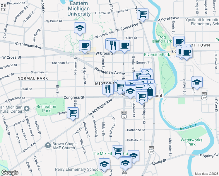 map of restaurants, bars, coffee shops, grocery stores, and more near 8 Ballard Street in Ypsilanti