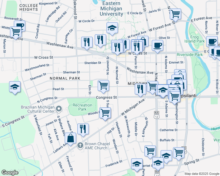map of restaurants, bars, coffee shops, grocery stores, and more near 9 North Summit Street in Ypsilanti