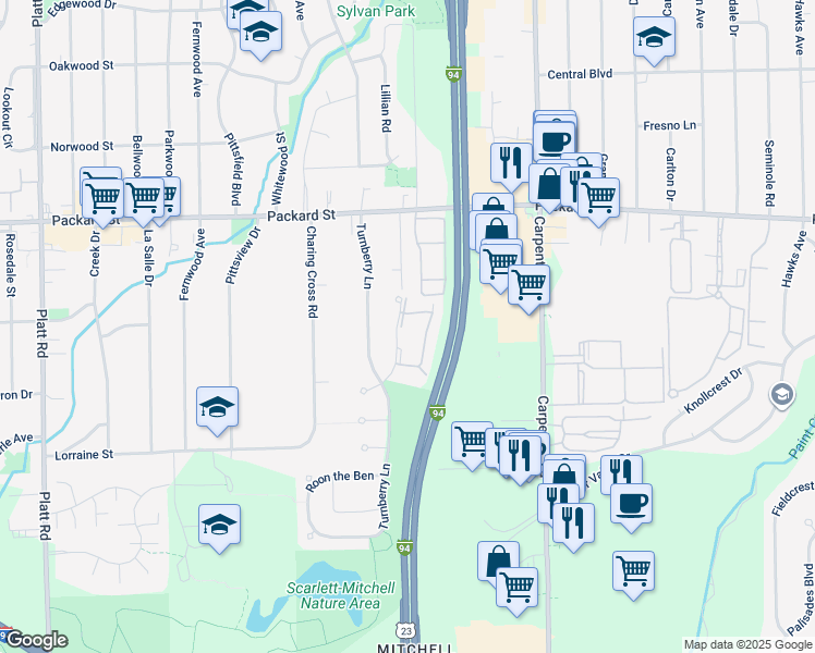 map of restaurants, bars, coffee shops, grocery stores, and more near 3084 Village Circle in Ann Arbor