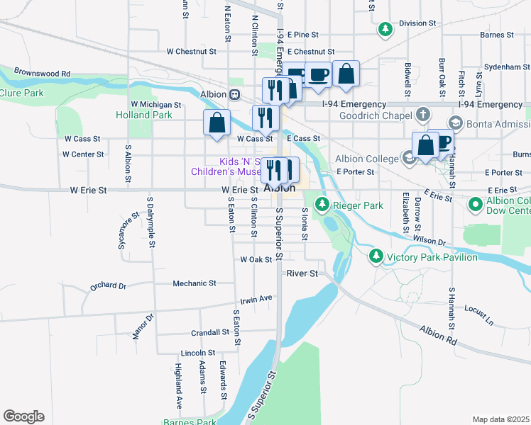 map of restaurants, bars, coffee shops, grocery stores, and more near 114 West Elm Street in Albion