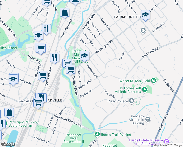 map of restaurants, bars, coffee shops, grocery stores, and more near 127 Needham Road in Boston