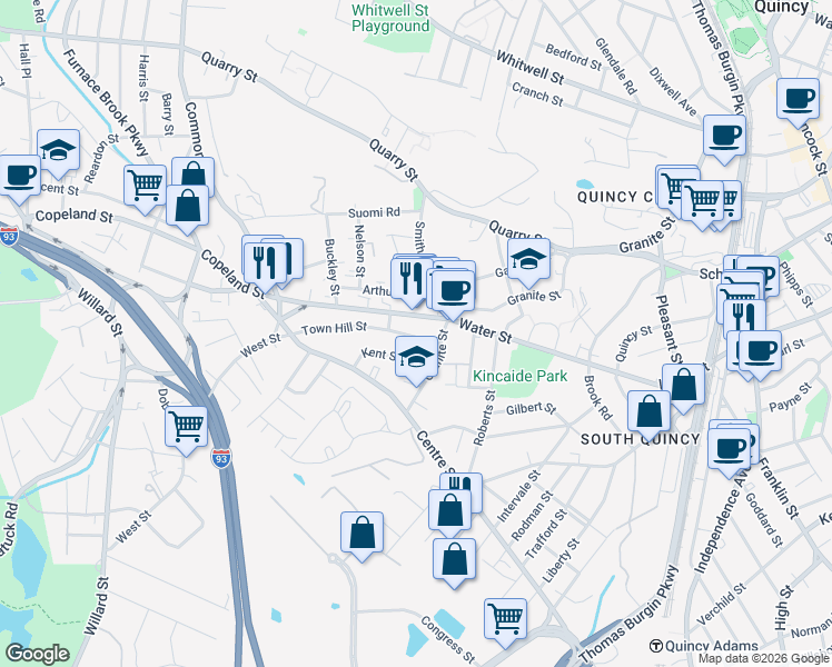 map of restaurants, bars, coffee shops, grocery stores, and more near 2 Town Hill Street in Quincy