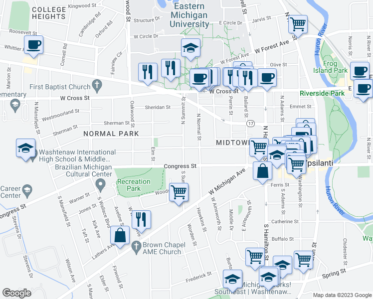 map of restaurants, bars, coffee shops, grocery stores, and more near 20 North Summit Street in Ypsilanti