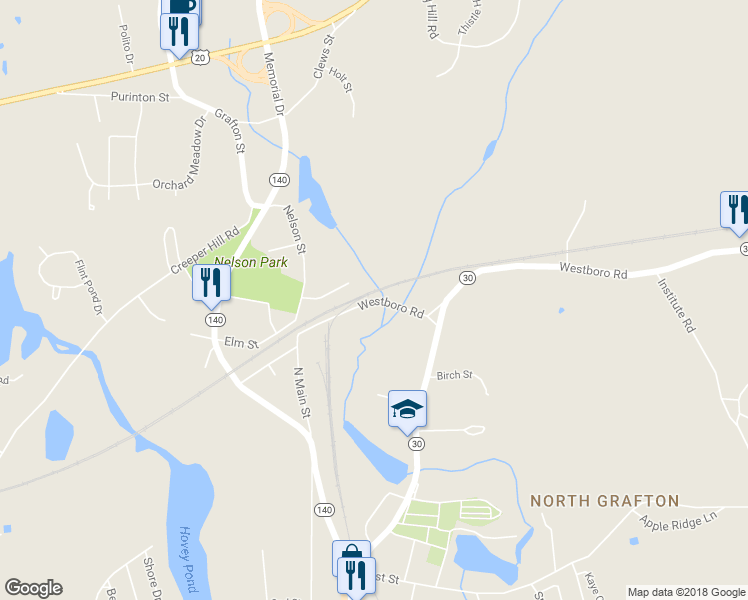 map of restaurants, bars, coffee shops, grocery stores, and more near Westboro Road in Grafton