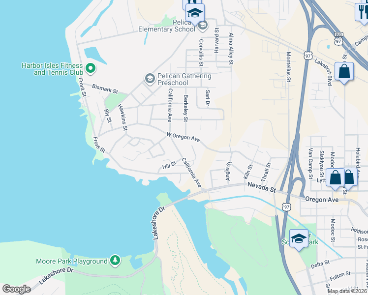 map of restaurants, bars, coffee shops, grocery stores, and more near 2343 California Avenue in Klamath Falls