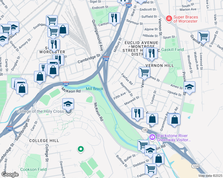 map of restaurants, bars, coffee shops, grocery stores, and more near 544 Millbury Street in Worcester