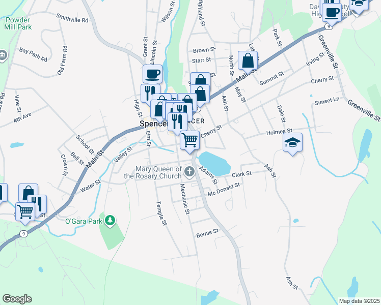 map of restaurants, bars, coffee shops, grocery stores, and more near 5 Chestnut Street in Spencer