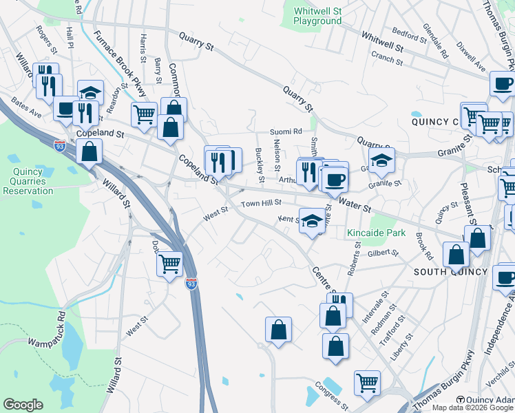 map of restaurants, bars, coffee shops, grocery stores, and more near 94 Town Hill Street in Quincy