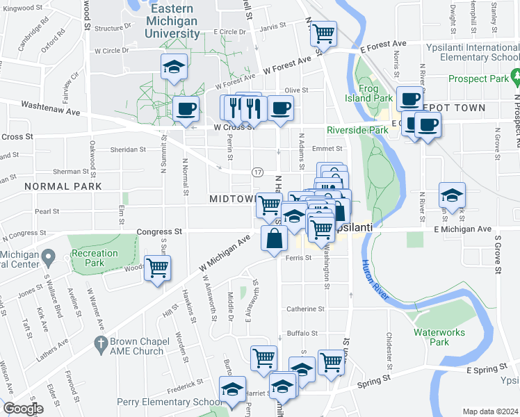 map of restaurants, bars, coffee shops, grocery stores, and more near 417 Pearl Street in Ypsilanti