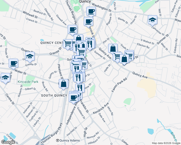 map of restaurants, bars, coffee shops, grocery stores, and more near 11 Pearl Street in Quincy
