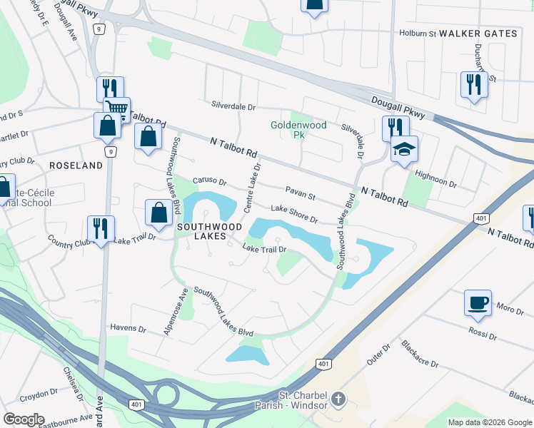 map of restaurants, bars, coffee shops, grocery stores, and more near 4544 Centre Lake Drive in Windsor
