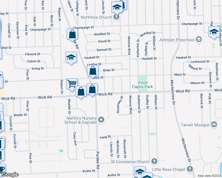 map of restaurants, bars, coffee shops, grocery stores, and more near 22234 Wick Road in Taylor