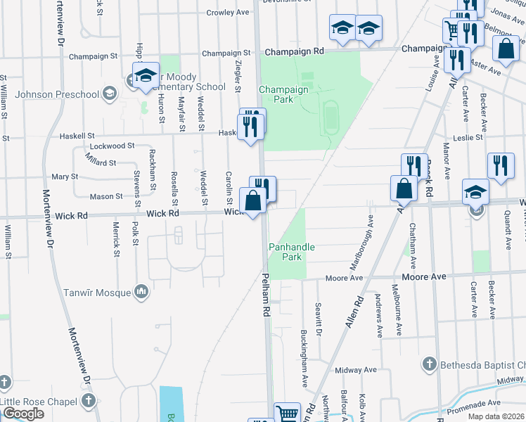 map of restaurants, bars, coffee shops, grocery stores, and more near 19220 Wick Road in Taylor
