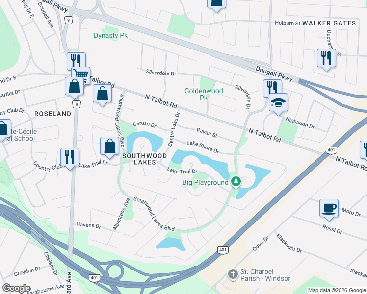 map of restaurants, bars, coffee shops, grocery stores, and more near 847 Lake Shore Drive in Windsor
