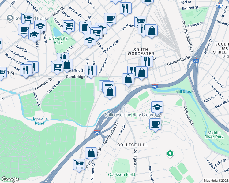 map of restaurants, bars, coffee shops, grocery stores, and more near 23 Crompton Street in Worcester