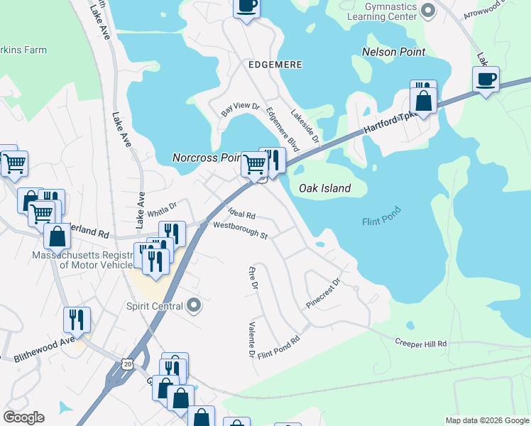 map of restaurants, bars, coffee shops, grocery stores, and more near 48 Ideal Road in Worcester