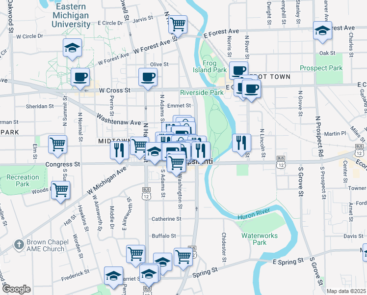 map of restaurants, bars, coffee shops, grocery stores, and more near 10 North Washington Street in Ypsilanti