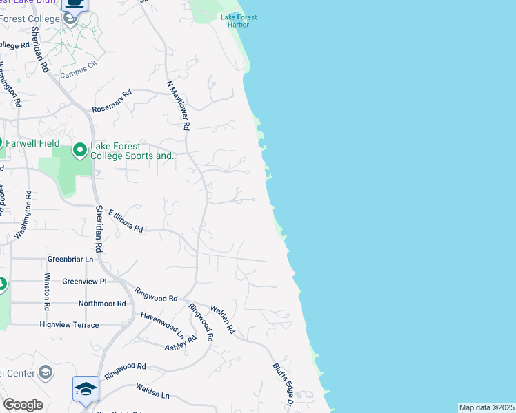 map of restaurants, bars, coffee shops, grocery stores, and more near 107 North Mayflower Road in Lake Forest