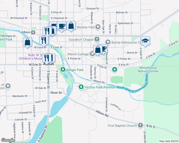 map of restaurants, bars, coffee shops, grocery stores, and more near 416 Elizabeth Street in Albion